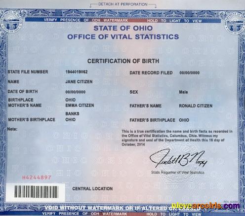 USA Ohio state birth certificate